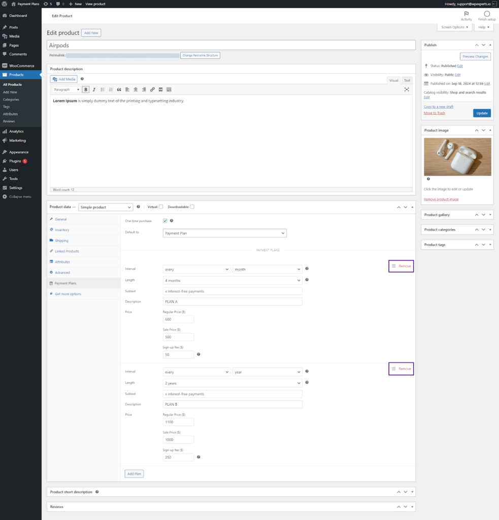 You can rearrange your payment plans by clicking the ☰ button on the right side of each plan. To delete a payment plan, click the Remove button on the right side of that plan.