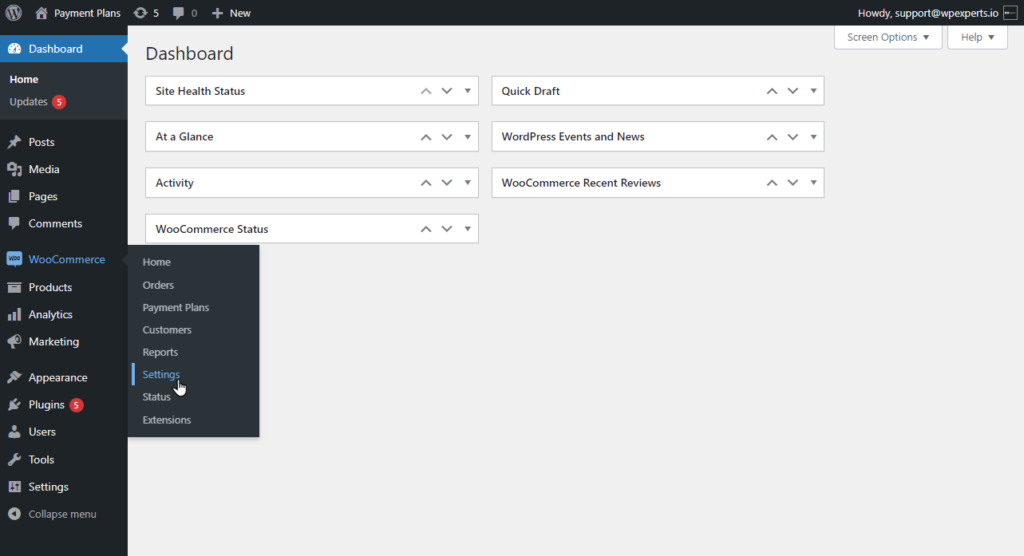 Navigate to WordPress Admin Dashboard > WooCommerce > Settings.