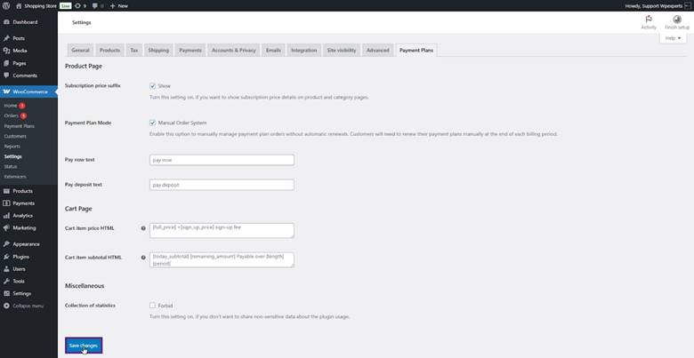 payments plan settings